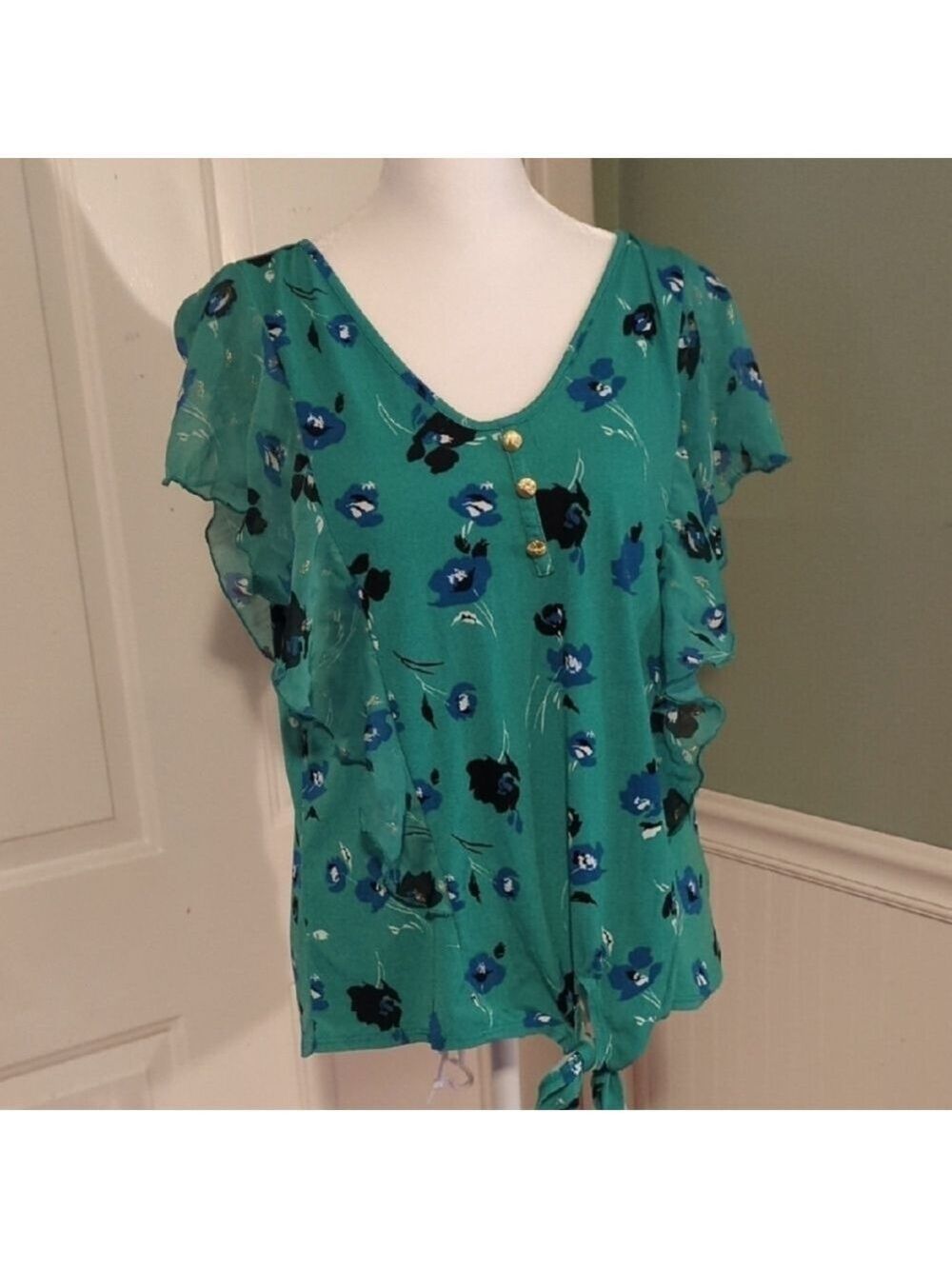 Adrienne Vittadini Green Floral Knot Top Large